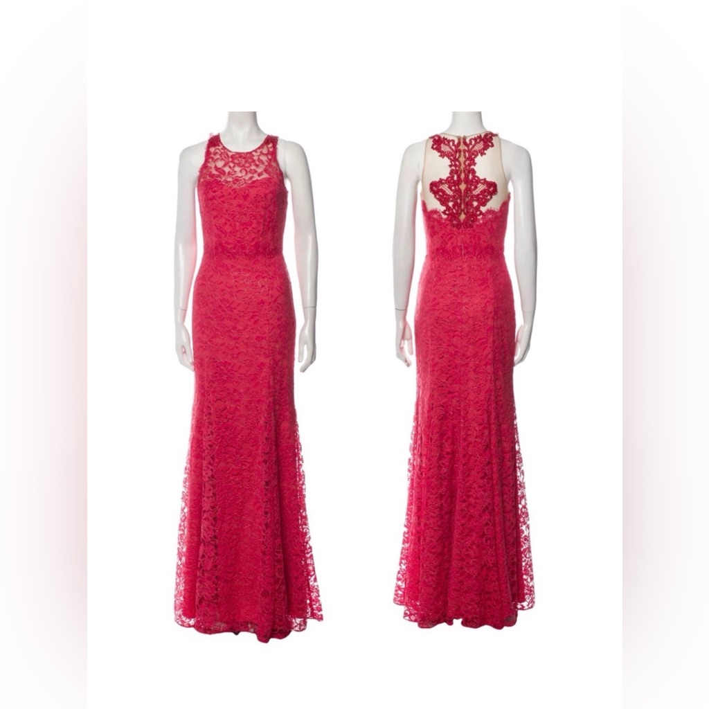 Nwt Marchesa Notte Sleeveless Red Lace Illusion Beaded Back Evening Gown Dress